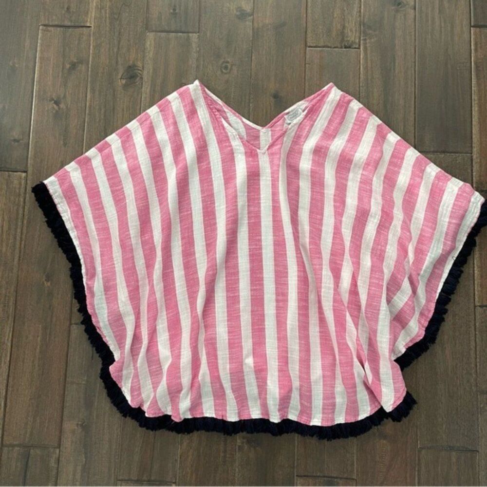 Mud Pie Pink & White Striped Fringe Poncho Cover Up OS